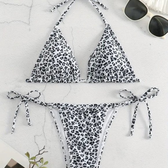 COPY - 2 Piece Swimsuit, Halter Tide Side Triangle Bikini, Spaghetti Strap Black - Picture 1 of 5
